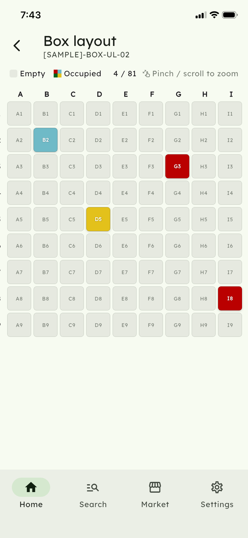 Microbank Marketplace box layout screen — 9x9 grid showing occupied vial positions