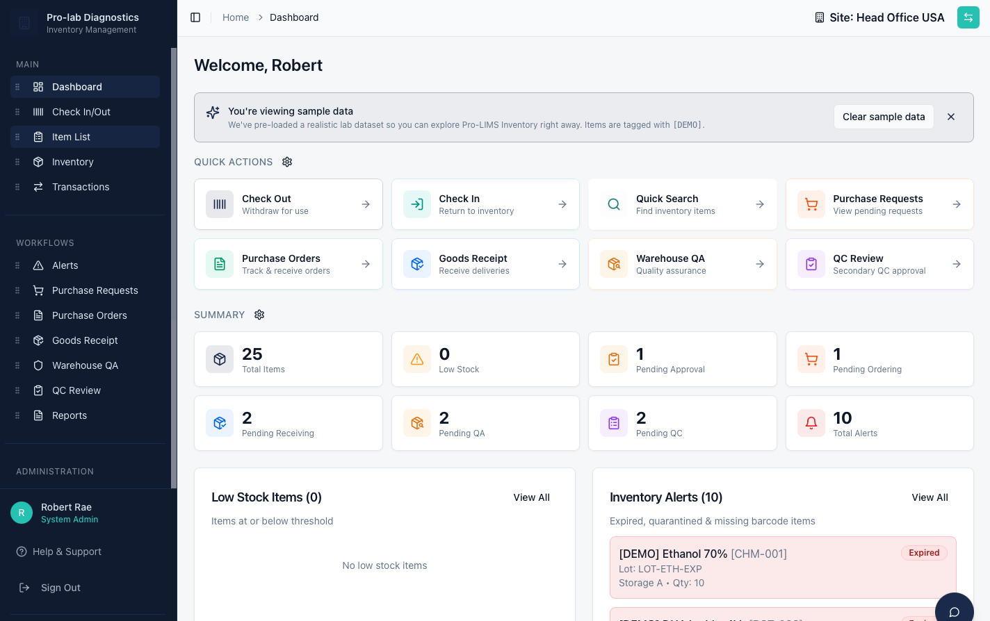 Pro-LIMS Inventory dashboard — quick actions, summary tiles, low-stock and inventory alerts
